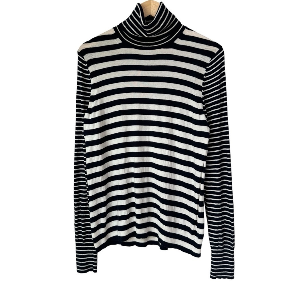 Banana Republic Cotton & Cashmere Navy White Stripe Turtleneck Sweater, Large